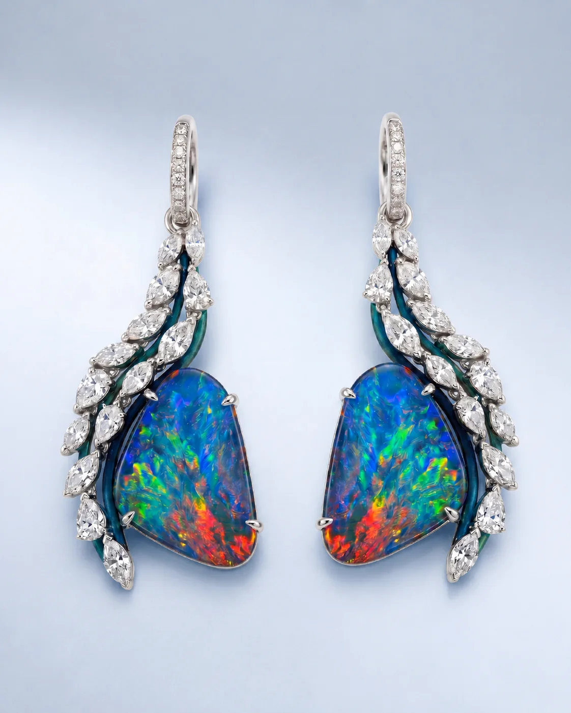 A pair of black opal earrings — triangular Australian opals with a cascade of marquise and pear-shaped diamonds