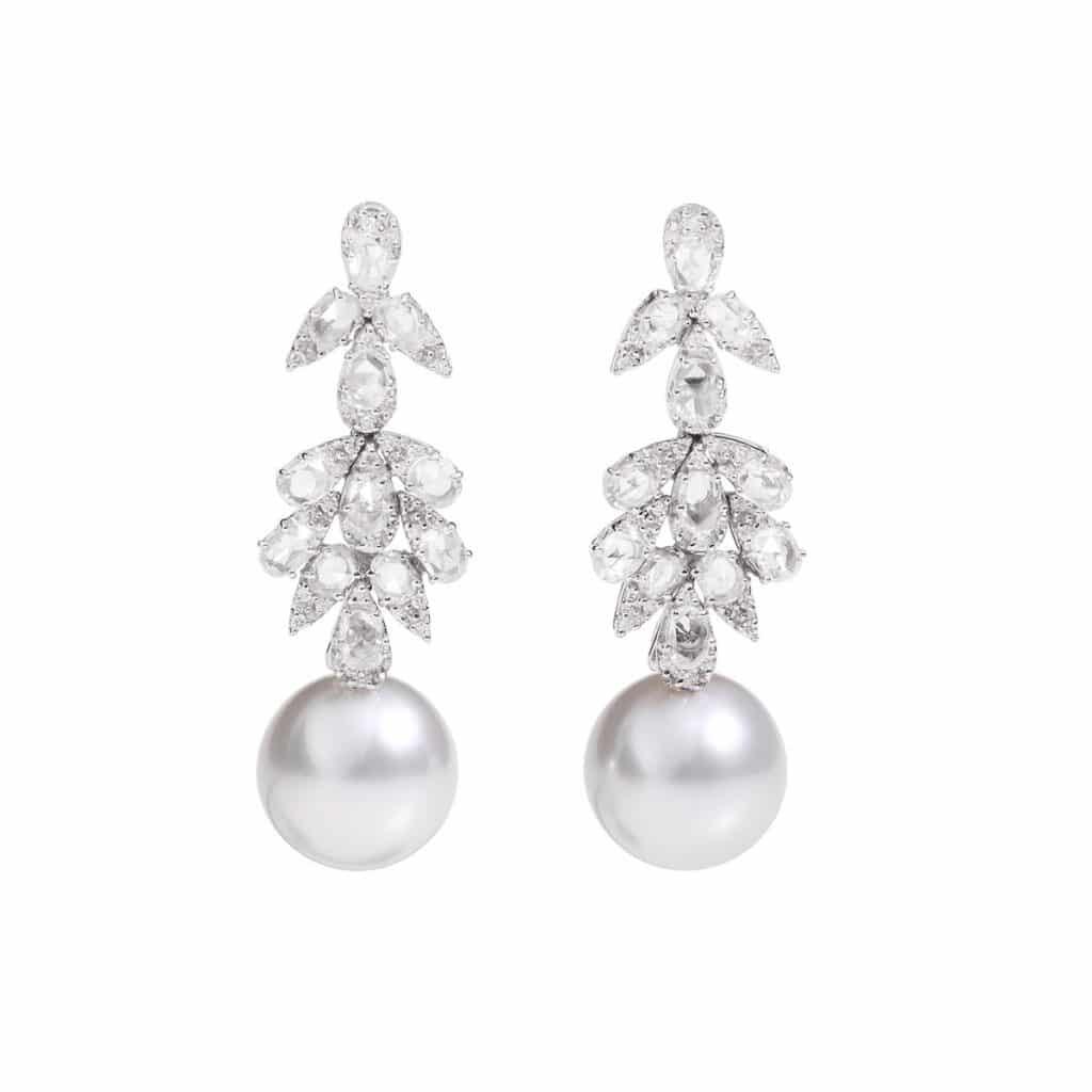 Pearl Dangle Stud Earrings With White Diamonds