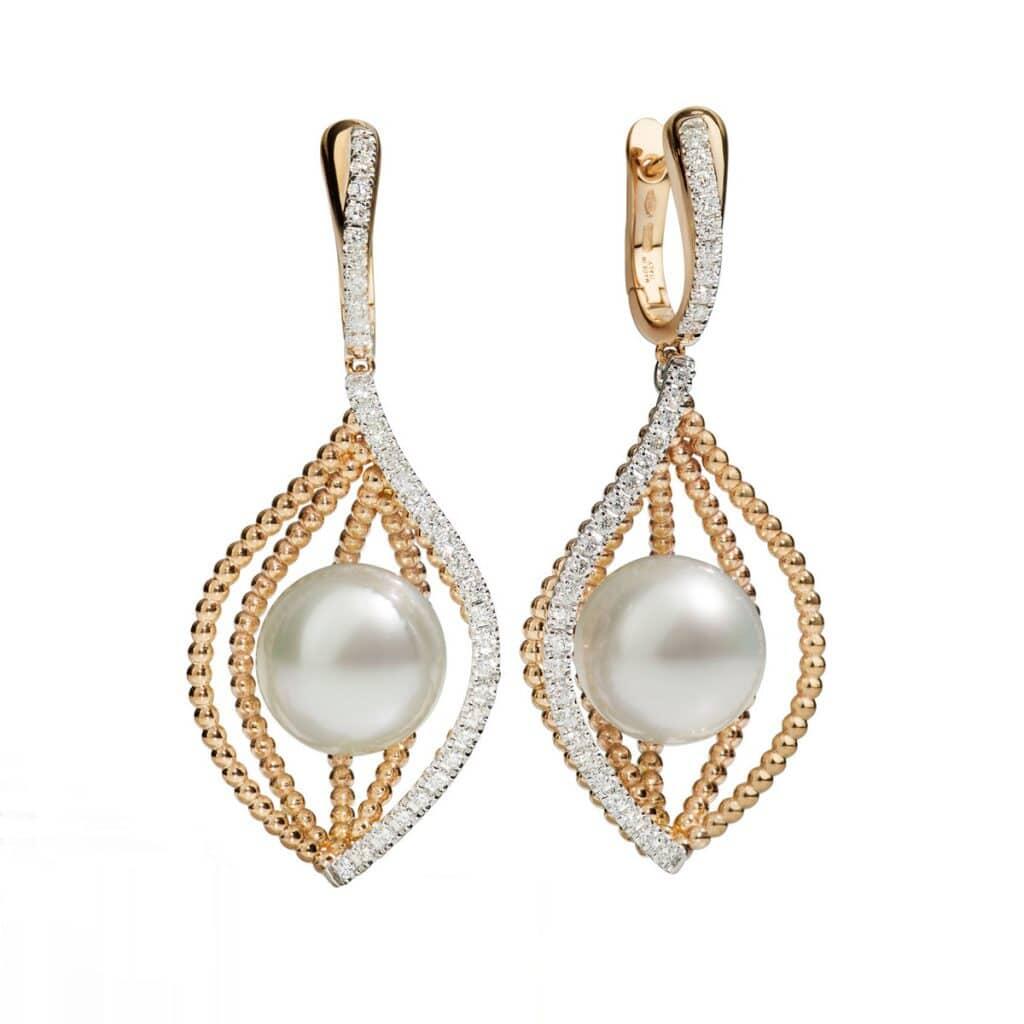 Yellow Gold Diamond Pearl Dangle Earrings