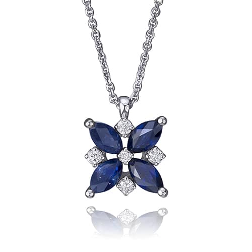 Sapphire Flower Petal White Diamond Pendent Necklace
