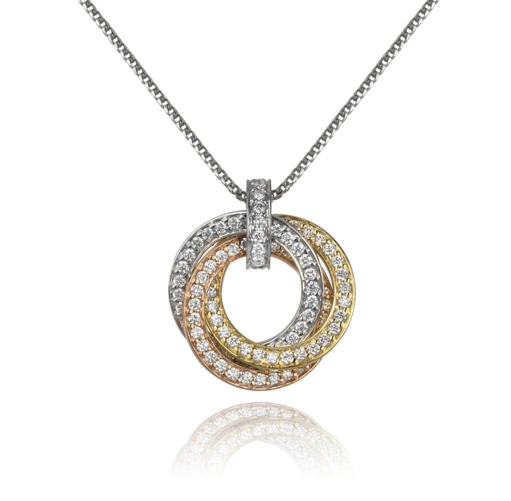 Yellow Gold, Rose Gold and White gold swirl stack pendant necklace
